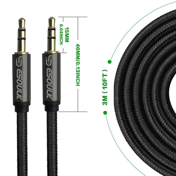 Esoulk 3M [10ft] Nylon Fabric Tangle-Free Male To Male 3.5mm Auxiliary Cable Black