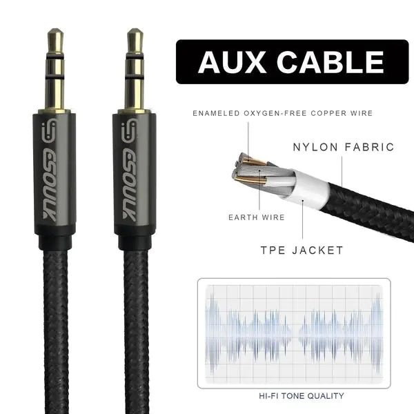 Esoulk 3M [10ft] Nylon Fabric Tangle-Free Male To Male 3.5mm Auxiliary Cable Black